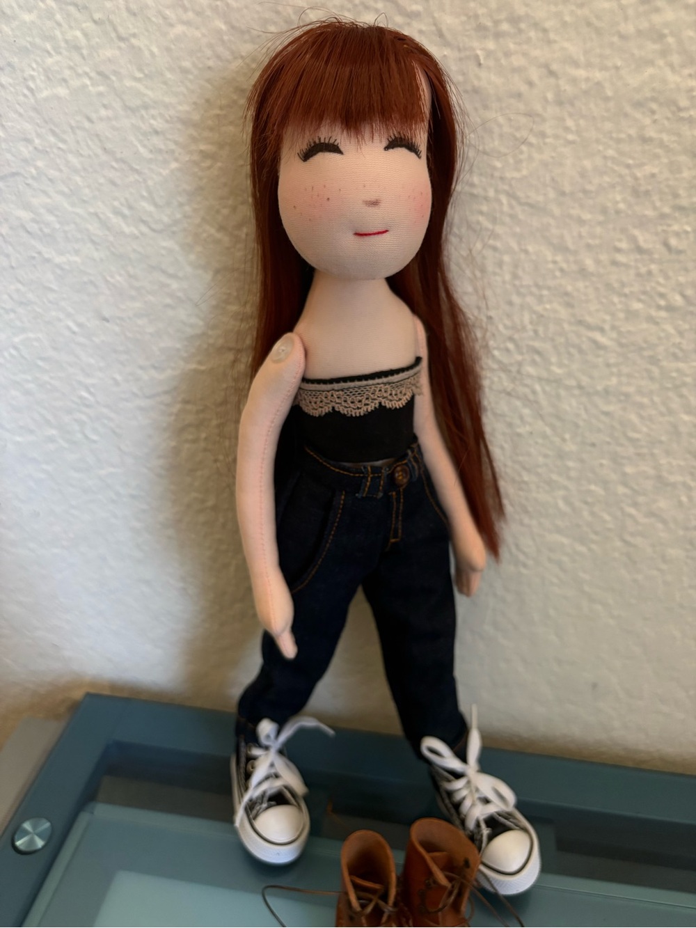 Handmade Brown-Haired Cloth Doll with Black Outfit - Picture 3 of 13